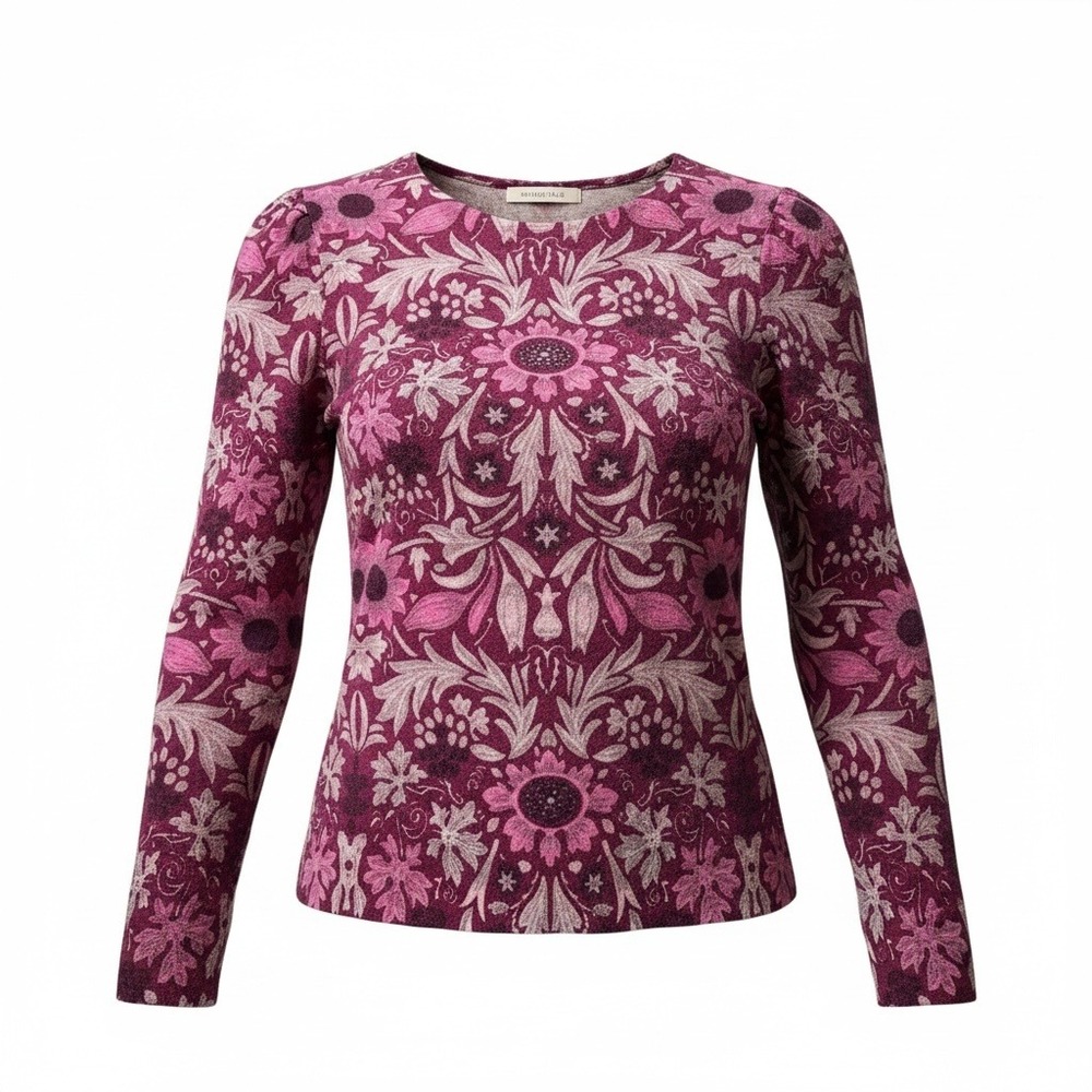 Talbots Sweater Womens Large Pink Floral Pure Merino Wool Crew Neck Cottagecore